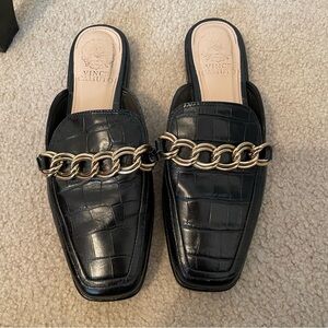 Vince Camuto Black Croc-Embossed Chain Slide Mules